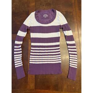 Trendy Y2K Mudd Purple/White Striped Ribbed Long Sleeve Layering Top Sz M Beads